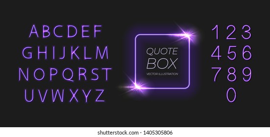 Vector Neon Shining Frame and Font, Letters and Numbers Set Isolated on Dark Background, Purple Bright Color. Colorful Design Elements Collection.