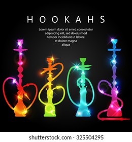 Vector neon shining hookah silhouettes. Shisha bar label