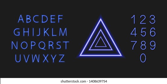 Vector Neon Shining Triangle and Glowing Font, Bright Blue Colorful Illustration Isolated on Dark Background.
