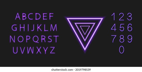 Vector Neon Shiny Triangle and Glowing Font, Bright Purple Colorful Illustration Isolated on Dark Background.