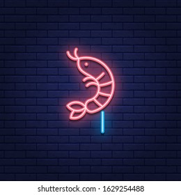 Vector neon shrimp icon template. Grilled prawn on skewer logo background. Line sea food kebab illustration. Glowing sign for picnic, cafe, restaurant, stall, delivery