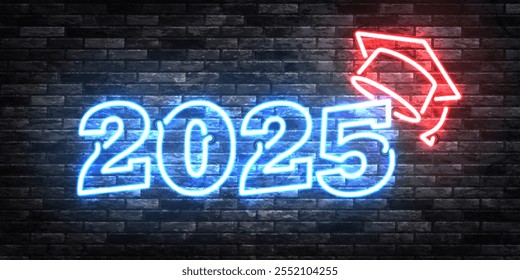 Vector neon sign of 2025 Graduation isolated on wall background.