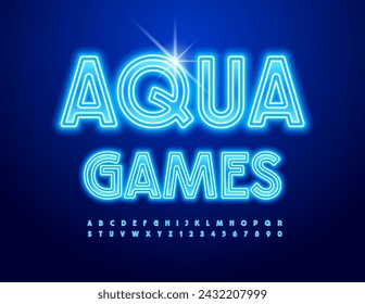 Vector Neon Sign Aqua Games. Glowing Blue Font. Trendy Alphabet Letters and Numbers.
