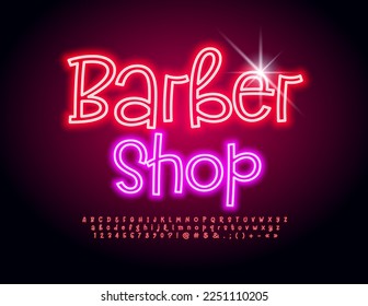Vector neon Sign Barber Shop. Glowing Creative Font. Funny handwritten Alphabet Letters and Numbers set