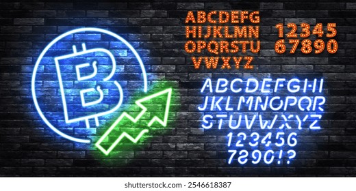 Sinal de néon vetorial do logotipo Bitcoin com alfabeto de néon e outdoors isolados no fundo da parede.