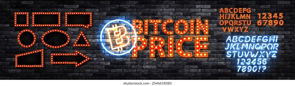 Sinal de néon vetorial de Bitcoin Price com alfabeto de néon e outdoors isolados no fundo da parede.