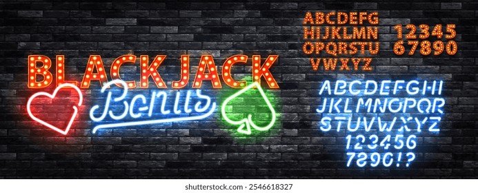 Signo de neón de Vector de BlackJack Bonus con alfabeto de neón y vallas publicitarias aisladas en el fondo de la pared.