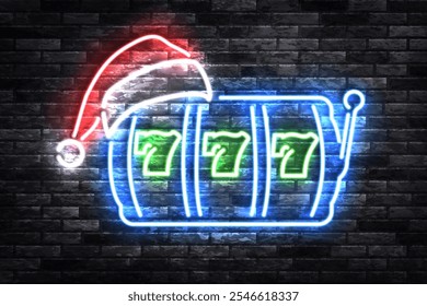 Vector neon sign of Christmas Bonus 777 for casino and slots isolated on wall background.