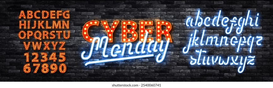 Sinal de néon vetorial de Cyber Monday com fonte alfabética isolada no fundo da parede.