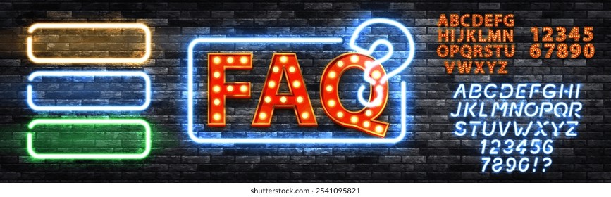 Signo de neón de Vector del logotipo de FAQ con la fuente del alfabeto aislada en el fondo de la pared.