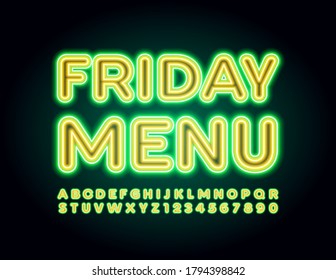 Menú Vector neon del viernes con fuente brillante brillante brillante. Letras y números alfabetos de luz eléctrica