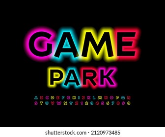 Vector Neon Sign Game Park. Glowing Font. Colorful  Alphabet Letters and Numbers