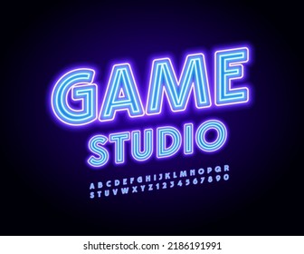 Vector neon Sign Game Studio. Bright Neon Alphabet Letters and  Numbers. Modern Electric Font