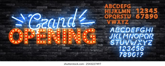 Vector neon sign of Grand Opening with alphabet font isolated on the wall background.