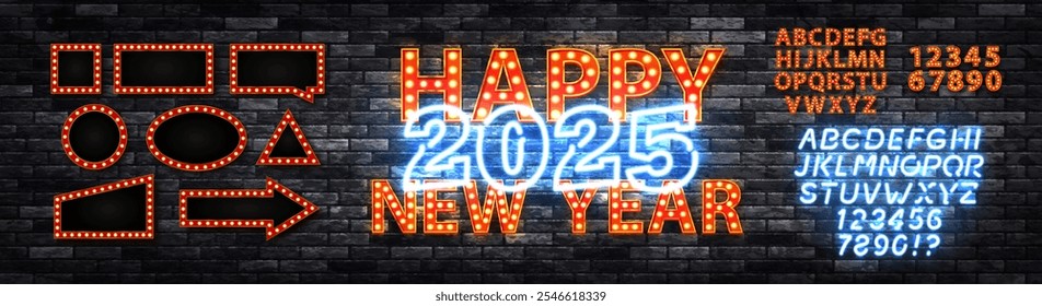 Vector neon sign of Happy 2025 Year with neon alphabet and billboards isolated on wall background.