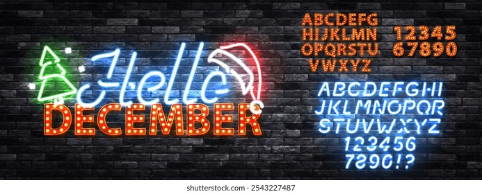 Vektor-Neonzeichen von Hello December mit Alphabet-Schriftart einzeln auf Wandhintergrund.