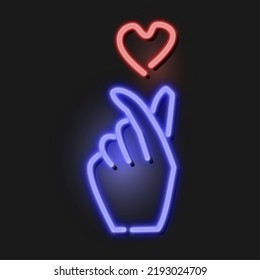 Vector neon sign illustration of Korean "saranghae" (can be loosely translated as "heart" or "love") hand sign or gesture. Very popular among K Pop fans.