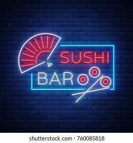 Vector neon sign logo Sushi bar, Asian fast-food street in a bar or shop, sushi, Onigiri with a salmon roll with chopsticks, isolated. Night Sashi's bright, luminous advertising, neon bobbler seafood.