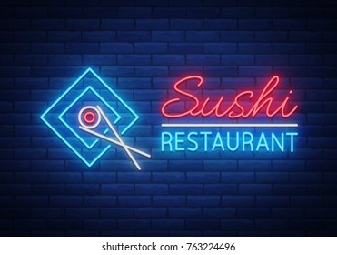 Vector neon sign logo Sushi bar, Asian fast-food street in a bar or shop, sushi, Onigiri with a salmon roll with chopsticks, isolated. Night Sashi's bright, luminous advertising, neon bobbler seafood.