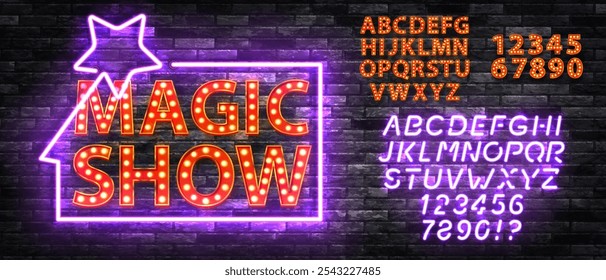 Vektor-Neonzeichen der Magic Show mit Alphabet-Schriftart einzeln auf dem Wandhintergrund.