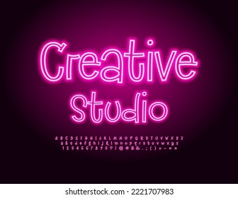 Vector neon sign Music Studio. Funny Handwritten Font. Bright glowing Alphabet Letters, Numbers and Symbols set