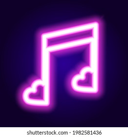 Vector neon sign musical note with hearts, pink color on a dark background. Vector isolated neon glowing outline notes of lilac color romantic music on dark blue background for design template