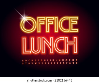 Vektorneon signiert Office Lunch. Glühende Alphabet-Buchstaben und Zahlen gesetzt. Elegante elektrische Schriftart