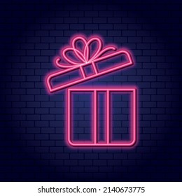 Vector neon sign open gift box with bow. Category gift