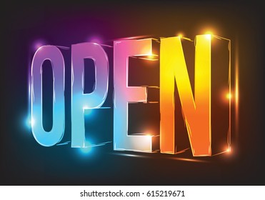 Vector neon sign open, illuminated neon billboard. Element for signboard, bar, saloon, club, cafe and disco