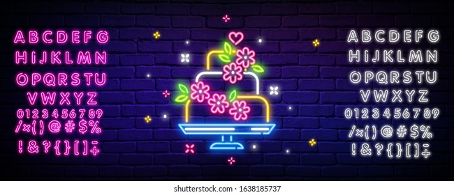 Vector of a neon sign of a pastry shop. Wedding cake design neon sign template, light banner, neon sign, night bright advertising, light inscription. Vector illustration. Editing neon sign text