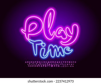 Vector neon sign Play Time. Funny glowing Font. Bright electric Alphabet Letters and Numbers. 