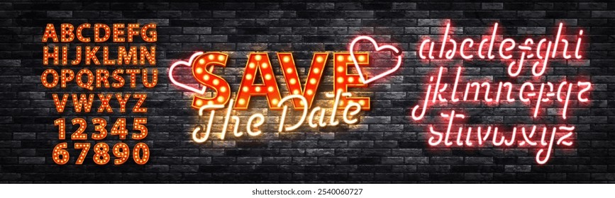 Sinal de néon vetorial de Save The Date com fonte alfabética isolada no fundo da parede.