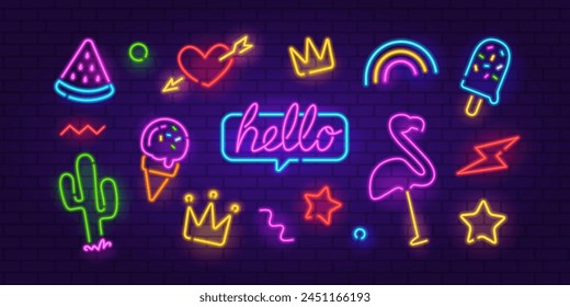 Vector Neon Sign set 2 on brick wall background. Editable neon icons set of Flamingo, Sign Hello, heart, Ice Cream, Rainbow, Crown etc. Neon night sign, a glowing light banner, emblem for club or bar