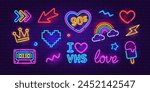 Vector Neon Sign set 3 on brick wall background. Editable neon icons set of retro video game 90s style, arrow set, Ice Cream, Rainbow,  VHS, audio cassette glowing light banner, emblem for club or bar