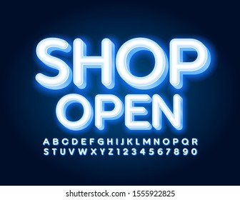Vector Neon Sign Shop abierto. Letras y números alfabetos eléctricos. Fuente azul brillante.