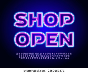 Vector Neon Sign Shop Open. Bright Glowing Font. Electric Alphabet Letters and Numbers set