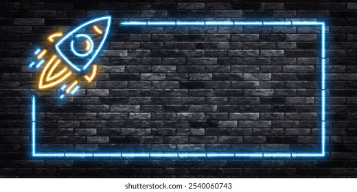 Sinal de néon vetorial do quadro da espaçonave isolado no fundo da parede.