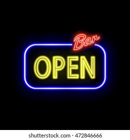 Vector neon sign with type  Bar Open. Red and blue neon lights.