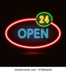 Vector neon sign with type  Open. Red and blue neon lights. 24 hours sign.