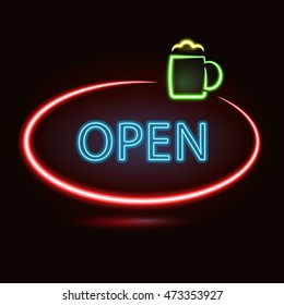 Vector neon sign with type  Open with beer mug. Red,blue, green and yellow  neon lights.