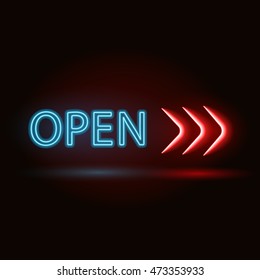 Vector neon sign with type Open and red arrows. 