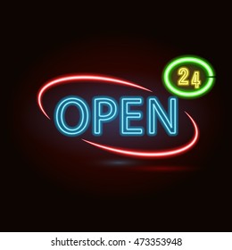 Vector neon sign with type  Open and 24 hours sign. Red and blue and yellow  neon lights.