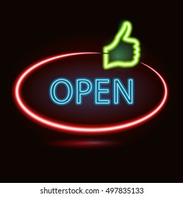 Vector neon sign with type  Open and finger pointed hand. Red, blue and green  neon lights. Design element for flayer, cards, ad.