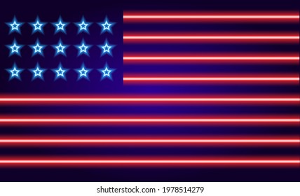 vector neon sign of the US flag. glowing neon American flag with red stripes and blue stars on a dark blue background for the July 4th Independence Day design template. symbol of patriotism