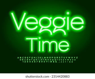 Vector Neon Sign Veggie Time. Green Glowing Font. Creative Alphabet Letters, Numbers and Symbols set