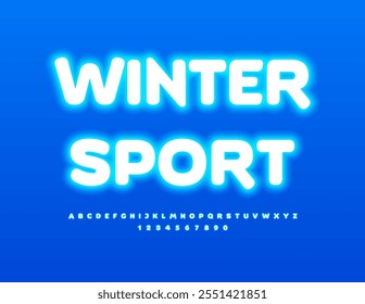 Vector neon sign Winter Sport. White Glowing Font. Trendy Alphabet Letters and Numbers set