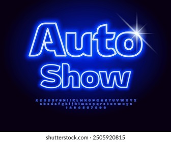 Vector neon signboard Auto Show. Electric Blue Font. Modern Glowing Alphabet Letters and Numbers. 