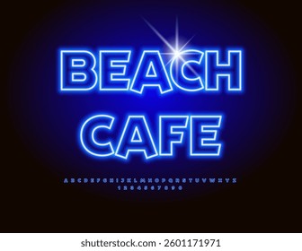 Vector Neon signboard Beach Cafe. illuminated Led Blue Font. Glowing set of Alphabet Letters and Numbers.