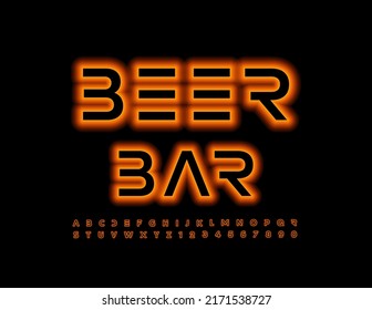 Barra de cerveza de neón vectorial. Fuente luminosa y de moda. Letras y números de alfabeto brillantes