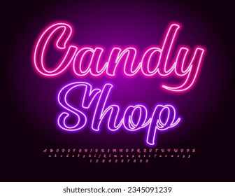 Vector Neon Signboard Candy Shop. Electric handwritten Font. Glowing Alphabet Letters and Numbers